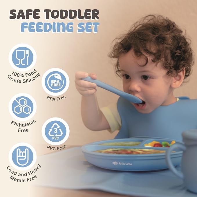 Silicone Baby Feeding Set - Infant Tableware for First Foods & Baby, Led Weaning (0+ Months), Easy to Clean, Durable, Perfect for Baby Boy or Girl, Solid Feeding - Blue - Standard