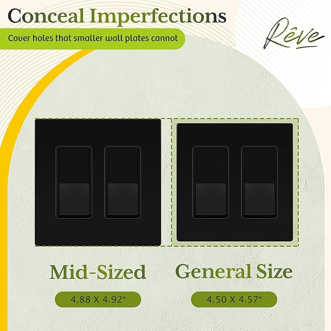 TG Screwless Decorator Wall Plates Child Safe Outlet Covers, Mid-Size 2-Gang 4.88" H x 4.92" L, Unbreakable Polycarbonate Thermoplastic, UL Listed, Glossy, Black (5 Pack)