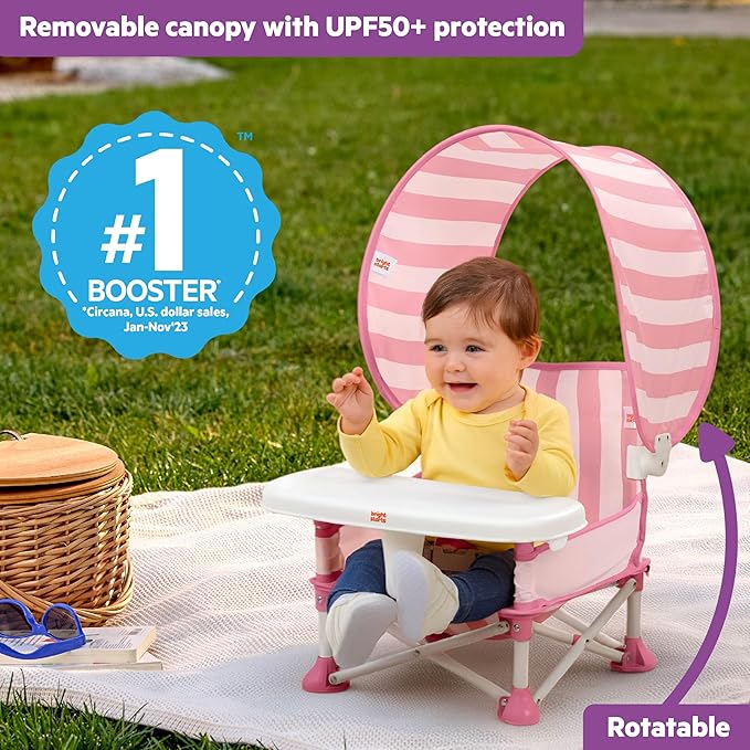 Bright Starts Pop 'N Sit Cabana Portable Booster Chair with UPF Canopy, Floor Seat for Indoor/Outdoor Use, Compact Fold, Pink, 6 Months?? Years