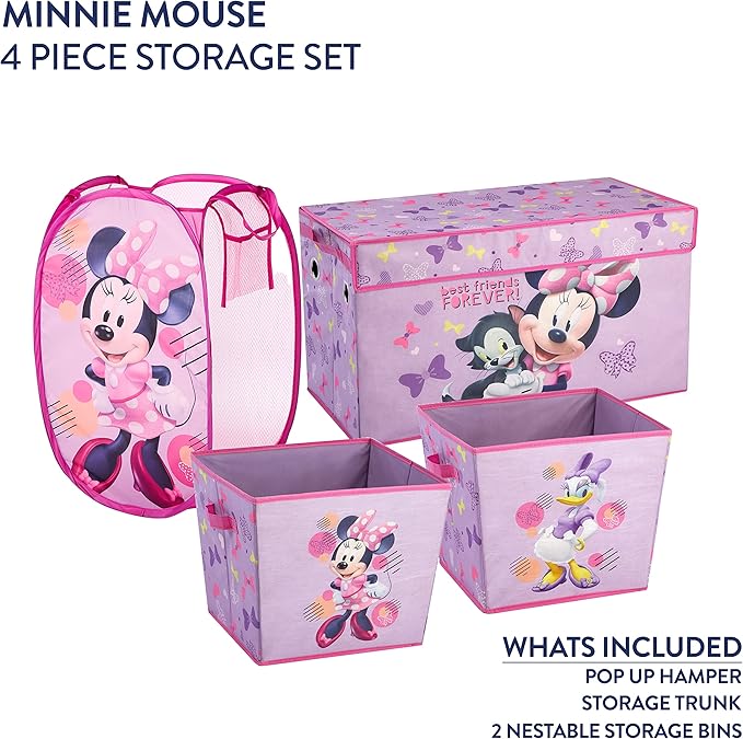Disney Minnie Mouse 4 Piece Storage Solution Set with Pop Up Hamper, Collapsible Storage Trunk and 2 Nestable Storage Bins