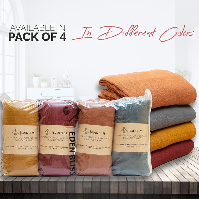 Pack of 4 Swaddle Blankets - Organic Cotton Muslin Baby Blanket for Swaddles 3-6 Months & 0-3 Months | Soft Swaddle for Newborns Babies, 47x47 cm Receiving Blankets,