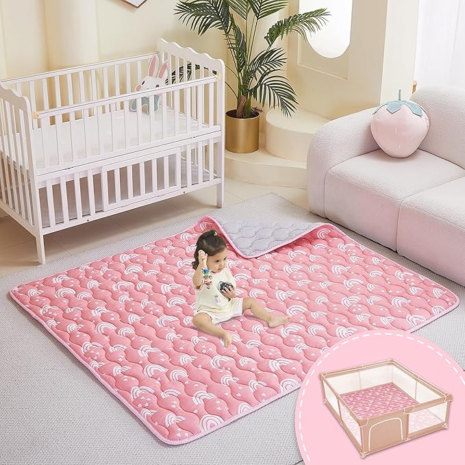 Viviland Baby Mats for Floor, 50x50 Inch Playpen Mat, Thick Cushioning Padding Playmat for Baby and Toddlers Infants, Non-Slip & Machine Washable, Pink Rainbow