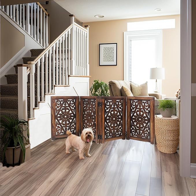 Croft&Cane Wooden Foldable Pet Dog Safety Gate – 4 Panel Freestanding Indoor Pet Fence - 13 inches W x 25 inches H – Hand-Carved Solid Wood & MDF – Fully Assembled - Dark Walnut