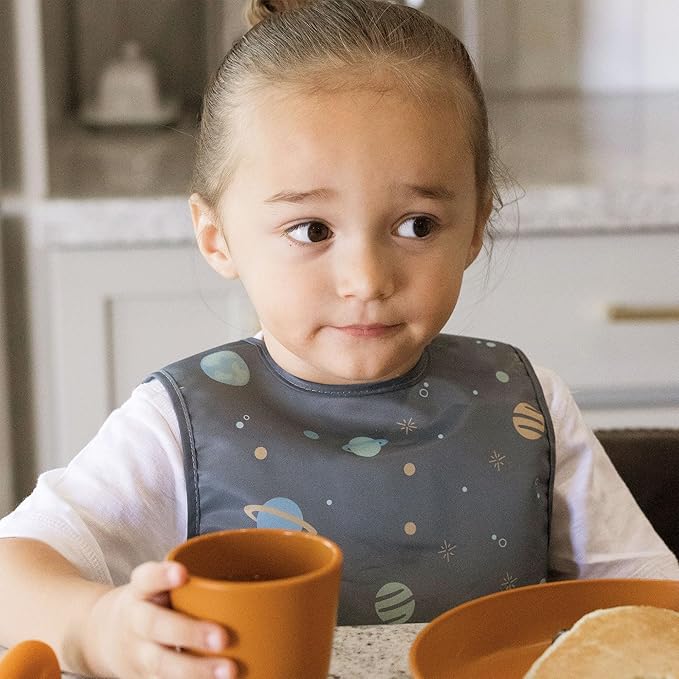 Tiny Twinkle Mess Proof Baby Bibs | 2 Pack Waterproof Toddler Bib for Eating | Baby Apron for Feeding, Machine Washable, Perfect Shower Gift (Space,Black Checkers, 6??4M)