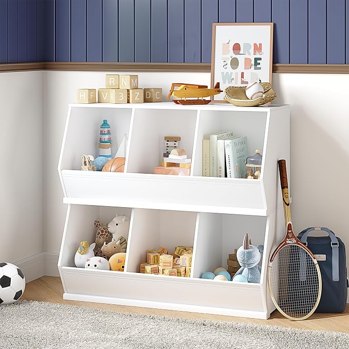 UTEX Stackable Toy Storage Cabinet, Wooden Cubby Organizer, White Shelf for Playroom, Bedroom, Living Room, Nursery, 3 Cubes