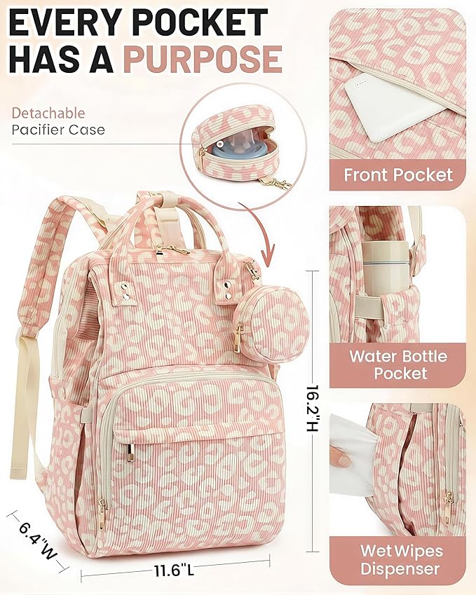 Corduroy Diaper Bag Backpack, Large Capacity Multifunction Baby Diaper Bags for Women, Insulated Bottle Pockets & Pacifier Case, Stylish Travel Nappy Changing Bags for Mom Dad (Leopard Pink)