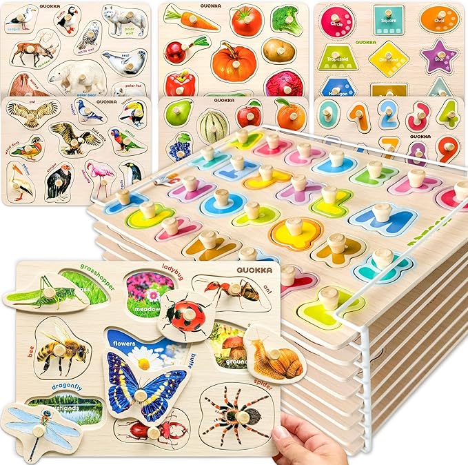 QUOKKA 8 Wooden Puzzles for Toddlers 1-3 - Toddler Montessori Puzzles Ages 2-4 in a Rack - Learning Alphabet, Numbers and Animals Toy for Kids 3-5 - Wood Games Gift for Boys and Girls