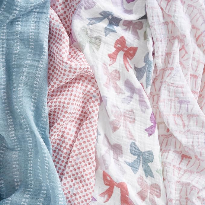aden + anais 100% Organic Cotton Muslin Swaddles, Breathable Baby Blanket, Ideal for Boys, Girls, Newborns, Babies & Infants, Receiving Blanket, Soft and Lightweight Wrap, 4 Pack, Bow Atelier