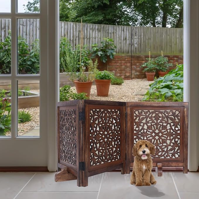 Free Standing Dog Gate – 3 Panel Foldable Wooden Pet Gate Indoor, 60" W x 24" H, Decorative Hand-Carved Wood & MDF Pet Fence for Doorways,Stairs, Portable Indoor Dog Barrier,Natural Burnt Daisy Design