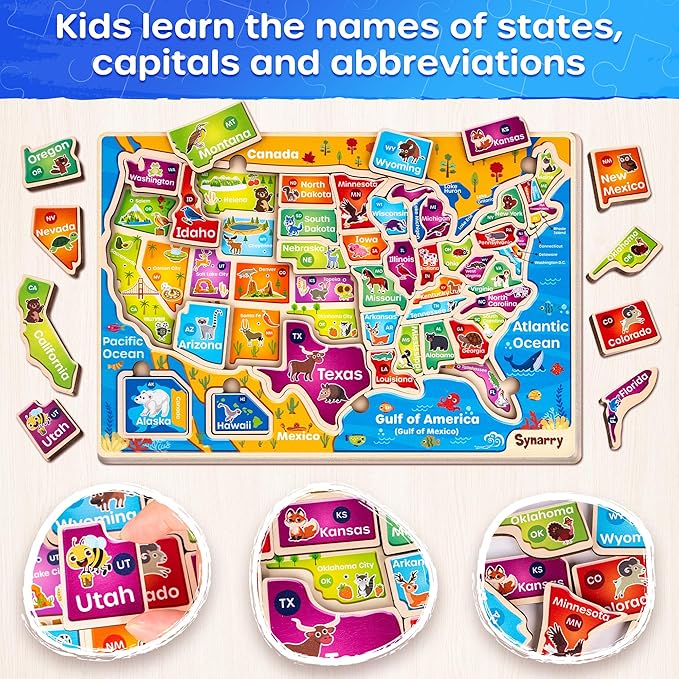 SYNARRY Large USA World Wooden Puzzles for Kids Ages 4-6, Learning United States World Maps Puzles for Kids Ages 6-8, Wood Jigsaw Puzzles Educational Games Toys Gifts for Boys Girls Ages 3-8