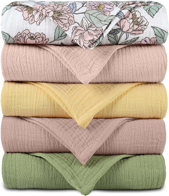 Muslin Receiving Blankets, Neutral Blanket Swaddling for Newborn Boys and Girls, 5 Pack Breathable and Skin-Friendly Swaddle Wrap for Infant Baby (Pink Flower)
