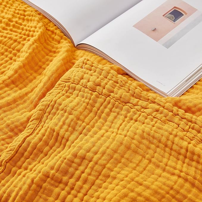 EMME Cotton Twin Blanket 100% Muslin Blanket for Couch Breathable Gauze Blanket All Season Soft and Lightweight Pre-Washed (Mustard Yellow, 60"x80")