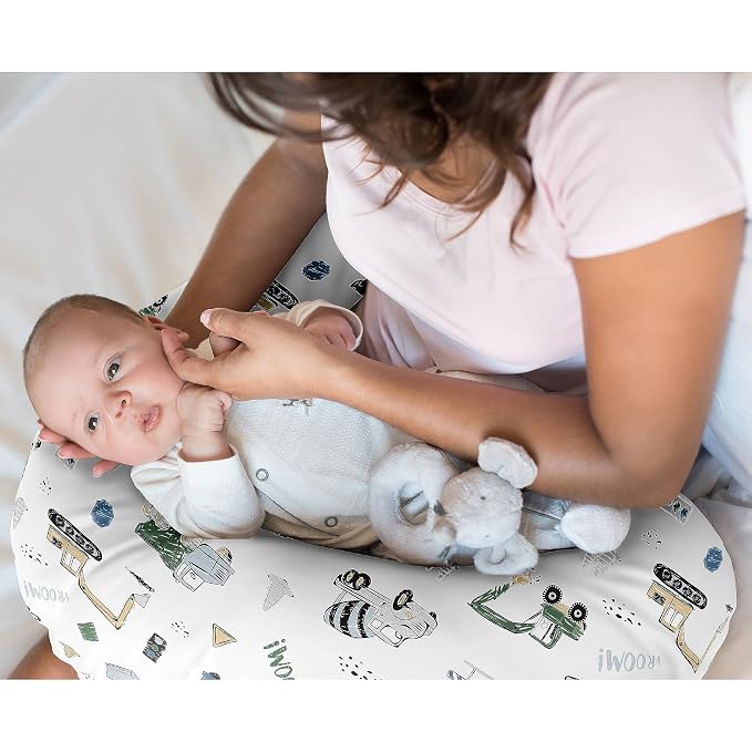 Sweet Jojo Designs Construction Truck Boy Nursing Pillow Cover Baby Breastfeeding Slipcover Infant Newborn Nursery Bottle Breast Feeding Pillowcase(Pillow NOT Included)- Grey Blue Green Transportation