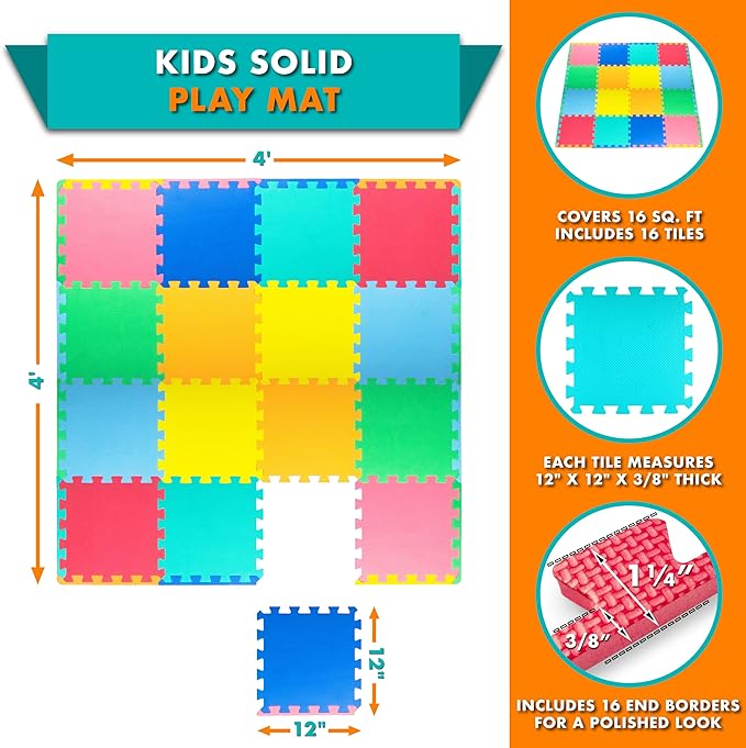 ProSource Foam Puzzle Floor Play Mat for Kids and Babies with Solid Colors, 36 or 16 Interlocking Tiles with Borders, Assorted