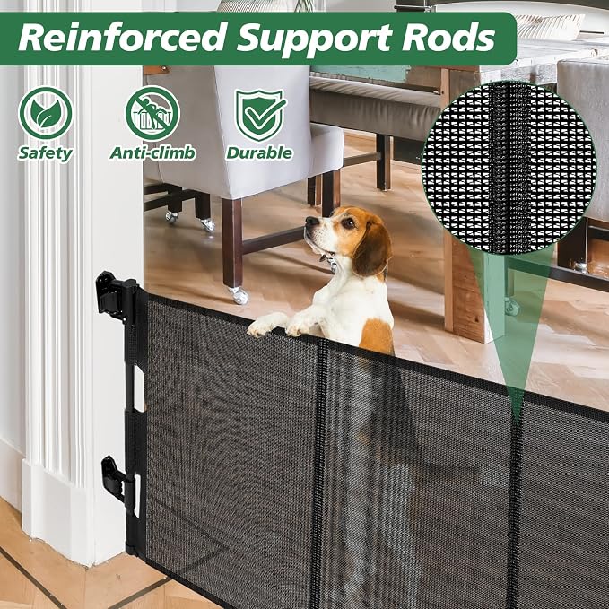 Reinforced 24 Inch Tall Retractable Baby Gates, Short Dog Gates to Step Over, Expands 0-55 Inches Wide, Mesh Pet Gate with Support Rods, Small Puppy Gates for the House, Black