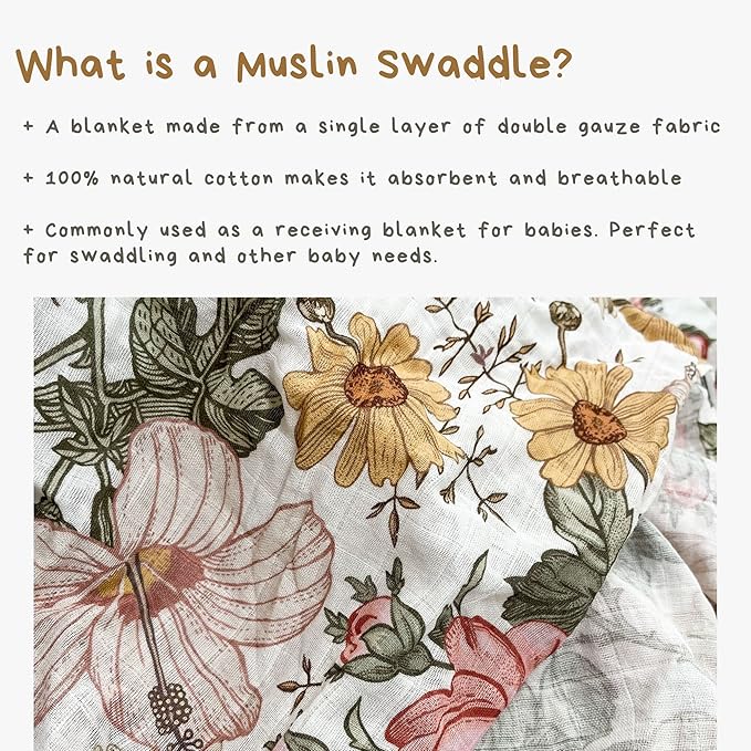 Mini Wander Swaddles for Newborns Muslin Swaddle Blankets - Breathable Soft Newborn Receiving Floral Blanket Baby Essentials | 47 x 47 Cotton - (Garden Floral) White