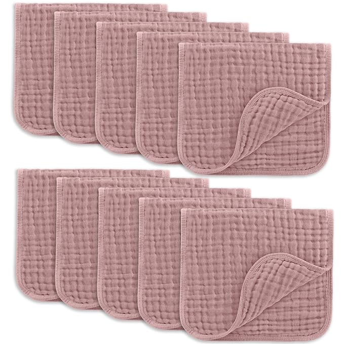 Comfy Cubs Muslin Burp Cloths 20" x 10", Pack of 10 - Large, 6-Layer, Ultra Absorbent 100% Cotton for Baby Drool and Messes - Soft, Safe & Gentle Baby Burp Cloths for Boys & Girls - Mauve