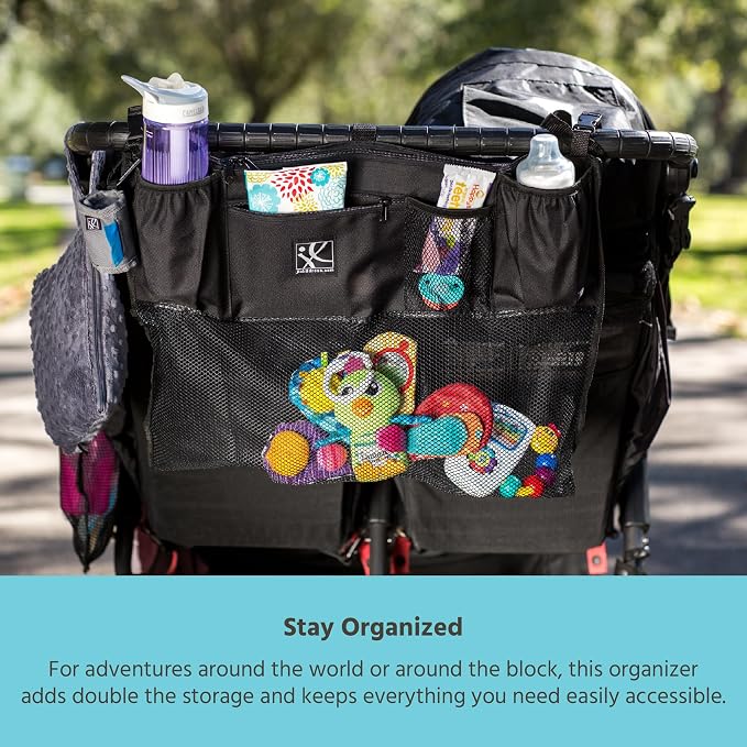 J.L. Childress Double Stroller Organizer with Large Mesh Storage Compartment - Stroller Accessory with Extra-Large Storage Bag - Deep Cup Holders - Multiple Zippered Pockets - Black