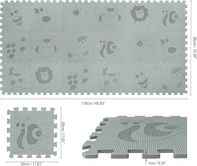 qqpp EVA 18 Tiles Baby Play Mat for Playing, Interlocking Foam Floor Mats for Tummy Time & Crawling, Puzzle Flooring Tiles with Animals Laser Pattern for Kids. Gray. QL-11(L) b18N