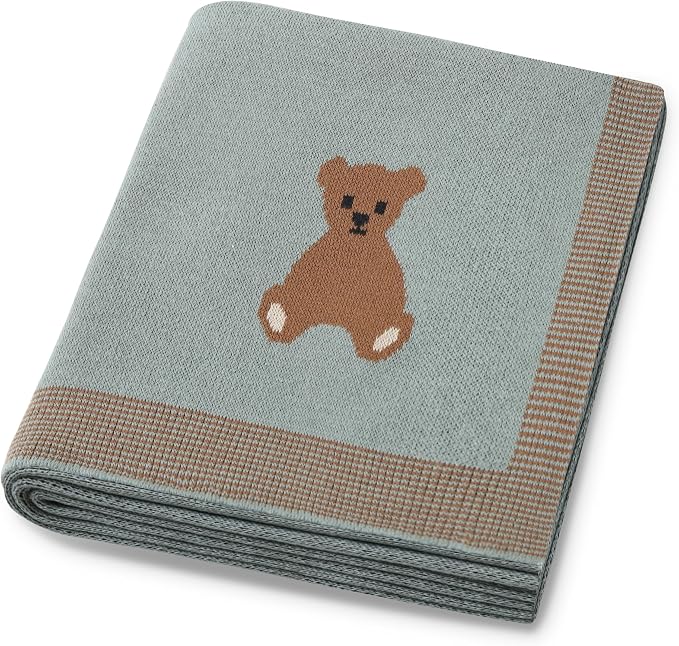 Organic Cotton Baby Blanket - Soft Luxury Knit Receiving Blanket for Newborns & Toddlers, Cozy Breathable Stroller Blanket with Pattern, Unisex, 30x40Inch（Bear-Green）