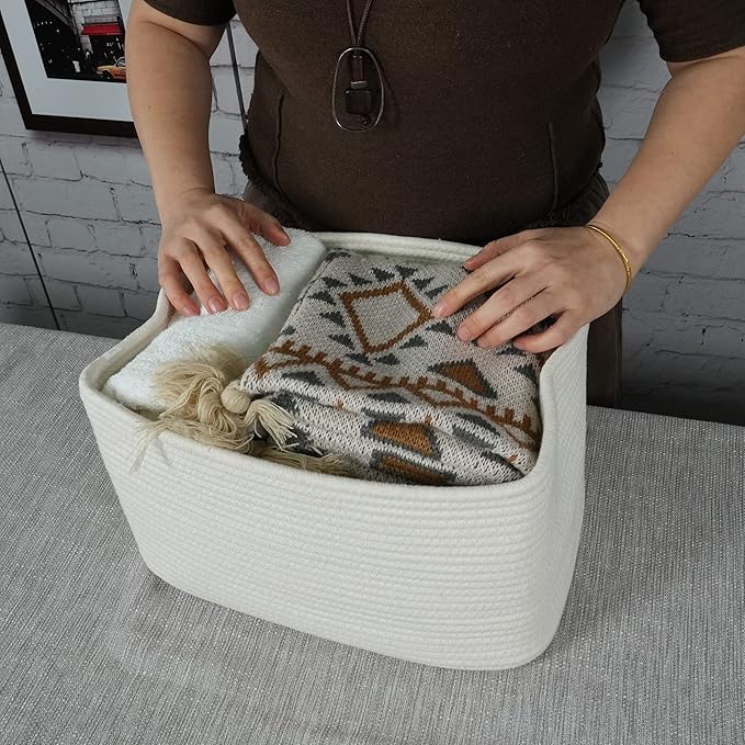 Cotton Rope storage Basket Bins Woven Basket for Organizing Shelves 15X10X9.3" Rectangle Decorative Baskets For storage Clothes Toys Books Towels Nursery basket organizer 3 pack white