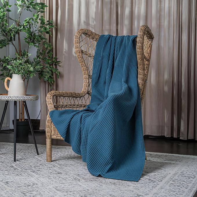 Comfy Cubs 100% Cotton Waffle Weave Throw Blanket Breathable Skin-Friendly Soft Lightweight Blankets - Perfect Warm Textured Blanket Layer - Size for Couch Bed & Sofa (Neptune, 50" X 60")