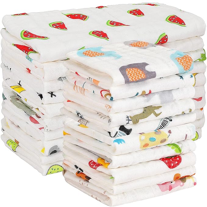 Kenning 20 Pack Muslin Baby Burp Cloths Washcloths Set Large 20 x 10 Inches and 10 x 10 Inches Cotton Boy Girl Burp Rags Combo Cute Face Towels Gift 6 Layers Absorbent, 20 Styles for Baby Shower