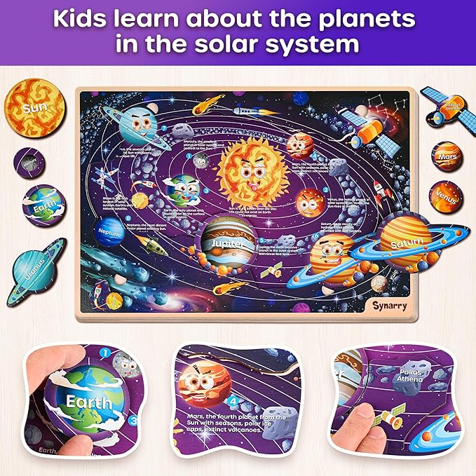 SYNARRY Large USA World Solar System Wooden Puzzles for Kids Ages 4-6, Wood Jigsaw Puzzles Educational Games Toys Gifts for Toddlers, Learning United States World Space Maps for Boys Girls Ages 3-8