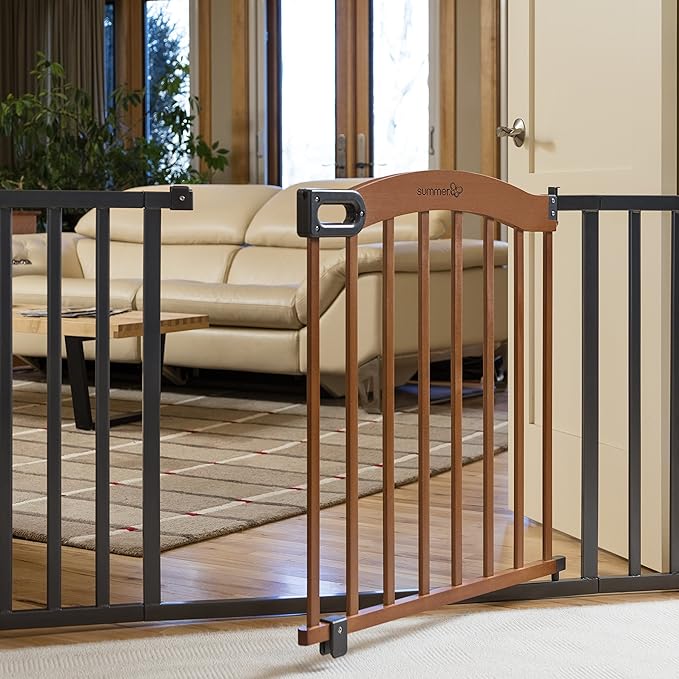 Summer Infant Anywhere Decorative Walk-Thru Pet and Baby Gate, 28??- 42.5??Wide, 30" Tall, Pressure Mounted, Insall In-between Rooms and Doorways, Walnut Wood with Metal Charcoal Accents