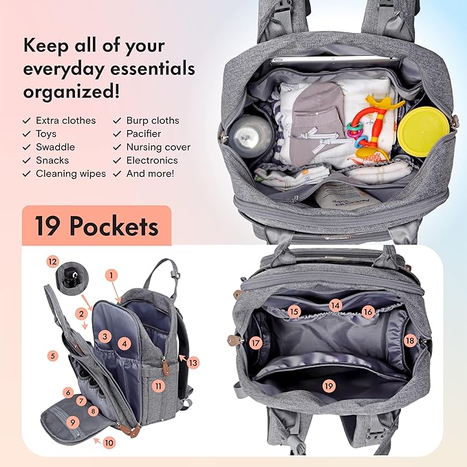 Dikaslon Diaper Bag Backpack with Portable Changing Pad, Pacifier Case and Stroller Straps, Large Unisex Baby Bags for Boys Girls, Multipurpose Travel Back Pack Moms Dads, Gray