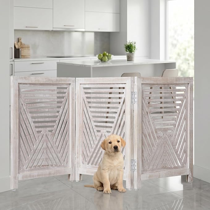 Lightnpro Geometric Wooden Dog Gate - Stylish Freestanding Foldable Indoor Pet Barrier, Extra-Wide Safety Gate for Dogs & Small Pets, Perfect for Stairs & Entryways - 24x54 Inch White Wash Finish