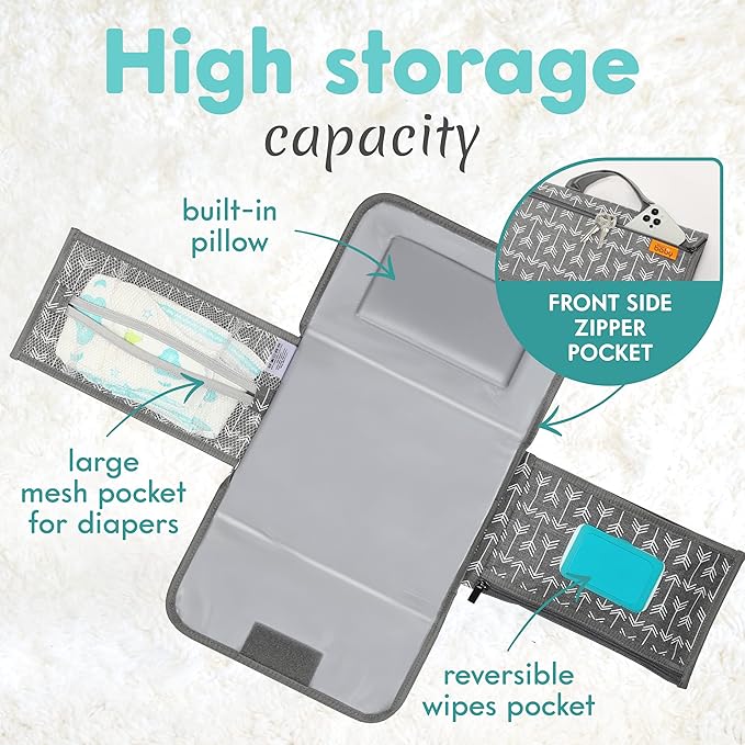 Kopi Baby Portable Diaper Changing Pad-Baby Diaper Changer Travel Bag with Wipes Pocket, Smart Design Portable Changing Mat, Infant Travel Station Kit,Gift for Newborn Girl & Boy-Grey Arrows, Modern