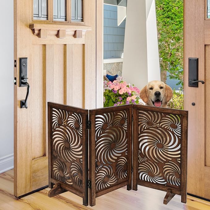 Freestanding Pet Gate for Dogs, Foldable Wooden Dog Gate for House, Indoor Dog Gate for Stair, Doorway, Sun Flower Design Gates for Dogs Indoor, 48 Inch Wide, (16" x3 Panels =48 inch), Burnt Finish