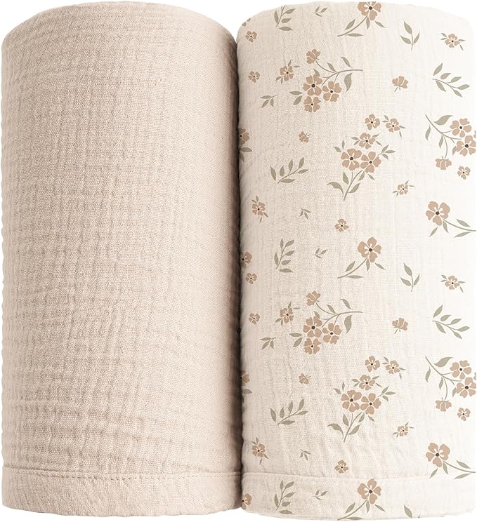 Konssy Muslin Swaddle Blankets for Girls Boys 2 Pack, 100% Cotton Receiving Baby Blanket Large 47 x 47 inches, Soft Breathable Swaddling Wrap for Unisex Newborn (Blossom,Cream)