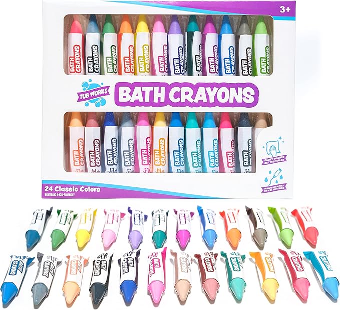 Tub Works® Smooth??Bath Crayons Bath Toy, 24 Pack | Nontoxic, Washable Bath Crayons for Toddlers & Kids | Unique Formula Draws Smoothly & Vividly on Wet & Dry Tub Walls | Hexagon Grip Bathtub Crayons