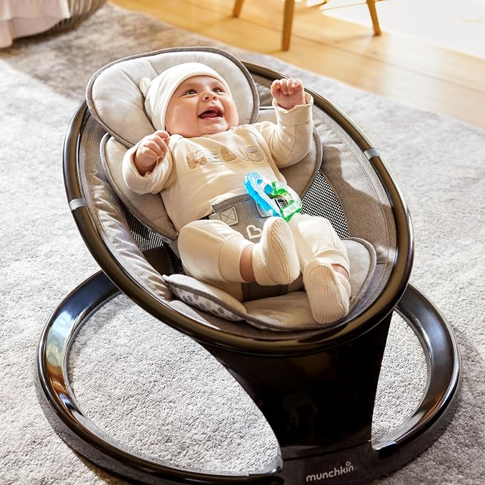 Munchkin Electric Baby Swing, Portable and Lightweight, Bluetooth Enabled Infant Rocker with Natural Sway in 5 Ranges of Motion, Newborn Nursery Essentials, Black/Grey