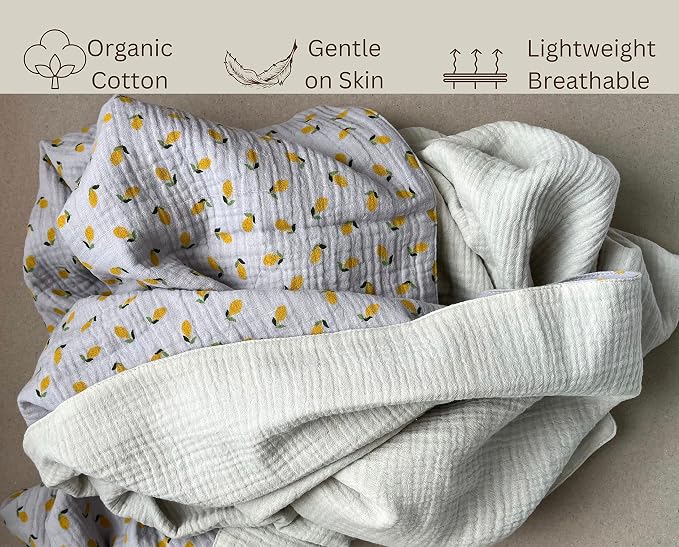 Leyl&Ari Muslin Quilt Blanket | 100% Organic Cotton | Toddler Crib Blanket | Made in USA (Little Lemons)
