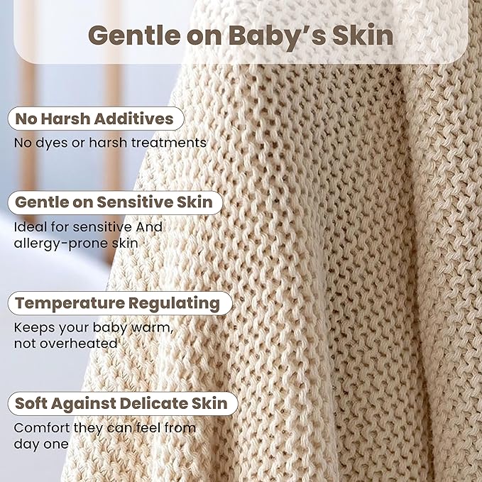 100% Organic Cotton Baby Knitted Blanket with Gift Box - Soft Toddler, Crib, Stroller Blanket - Neutral Swaddle and Receiving Blanket for Newborns, 30"x40", Stone