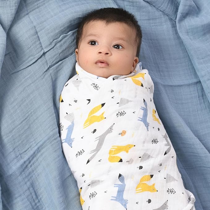 Featherhead??100% Cotton Muslin Swaddle Blankets for Baby Boy - Large 47?�x 47??- Pre-Washed, Soft, & Breathable - Newborn Essential & Perfect Baby Registry Gift (2 Pack - Blue Foxes)