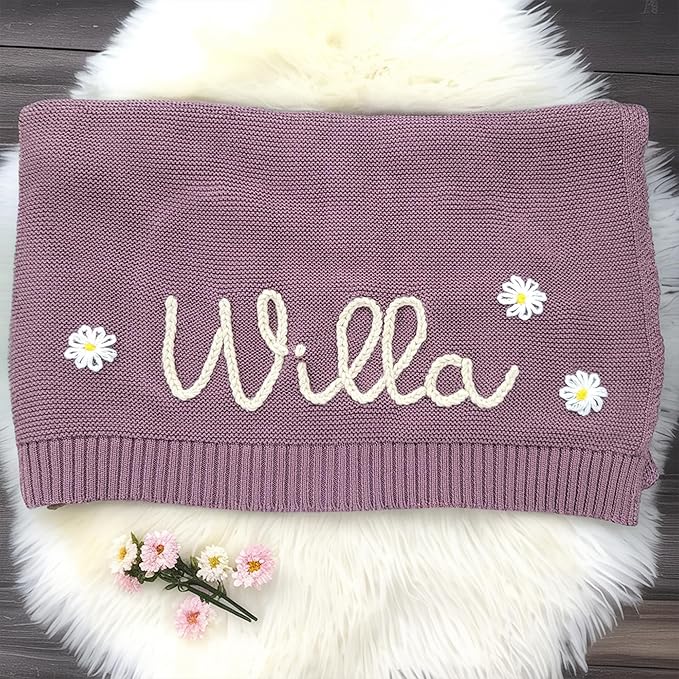 Luxury Personalized Name Baby Blanket, Hand-Embroidered Name Baby Blanket, Soft Breathable Cotton Knit Kids Blankets, Newborn Kid Gift, New Mom Gifts, Newborn Kids Girl & Boy Gift 13