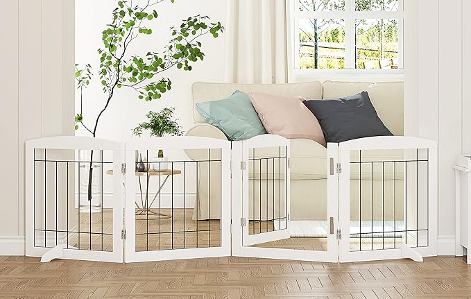 PAWLAND Freestanding Dog gate with Walk Through Door, Dog Gates for Doorways, The House, Stairs, 80" Wide Pet Puppy Safety Fence with Support Feet, 4 Panels, White
