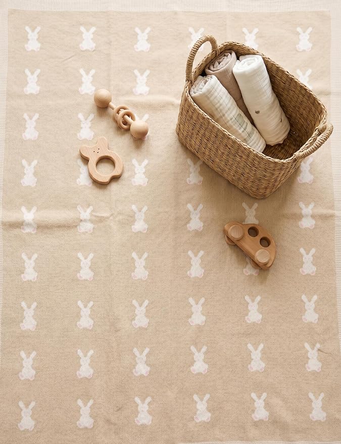 Organic Cotton Baby Blanket - Soft Luxury Knit Receiving Blanket for Newborns & Toddlers, Cozy Breathable Stroller Blanket with Pattern, Unisex, 30x40Inch（Bunny-Khaki）