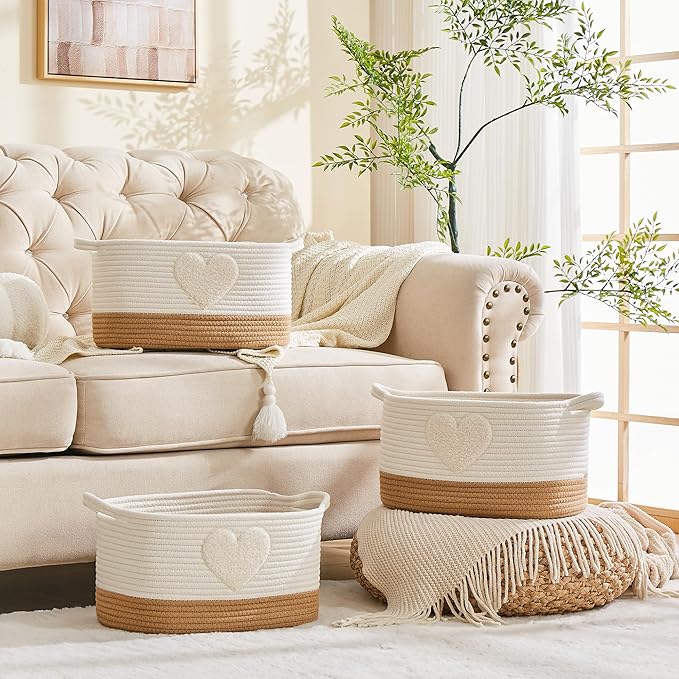 Woven Baskets, 3-Pack Storage Basket for Living Room, Bedroom, Nursery, Stylish Gift Basket with Handles, Cotton Rope Basket for Toys and Shelves, Multi-Purpose Organizer, Heart