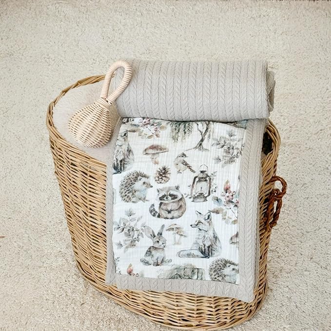 Mouliss Personalized Baby Blanket with Name ??Handmade 100% Organic Cotton Newborn Gift | Custom Knit Blanket for Boys, Girls, Kids & Baby Showers (Stone Beige/Critter Crew)