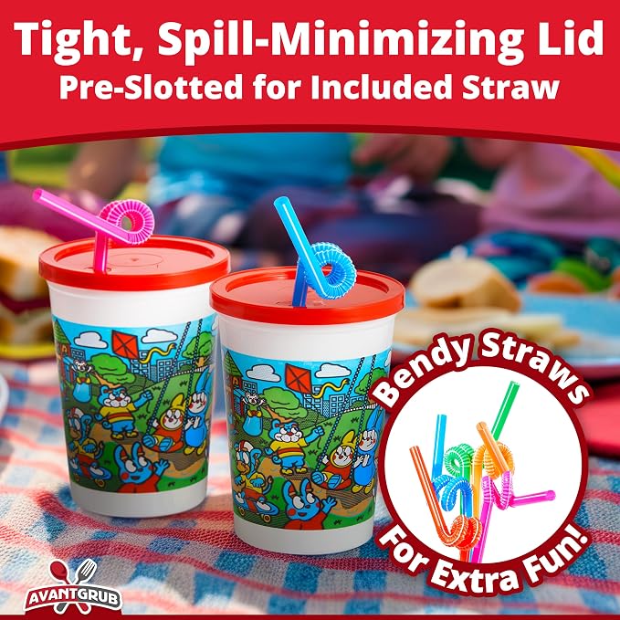 Leakproof 12oz Kids Party Cups With Lid and Straw 10Pk. Super Durable and Dishwasher-Safe With BPA Free Material is Reusable or Take and Toss! Great for Child Birthday Parties Travel or Bathroom Cup.