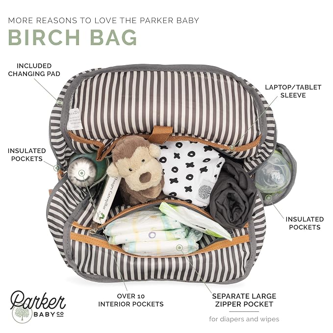 Parker Baby Co. Diaper Backpack - Large Diaper Bag with Insulated Pockets, Stroller Straps and Changing Pad -Birch Bag - Black