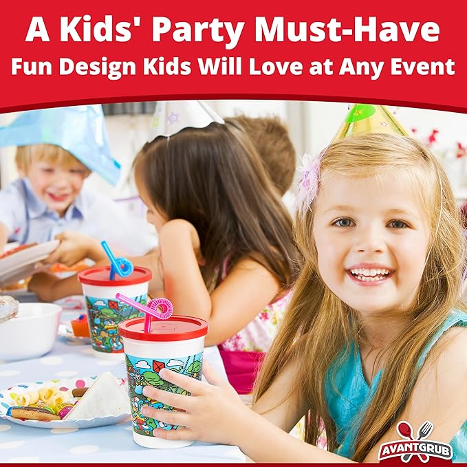 Leakproof 12oz Kids Party Cups With Lid and Straw 10Pk. Super Durable and Dishwasher-Safe With BPA Free Material is Reusable or Take and Toss! Great for Child Birthday Parties Travel or Bathroom Cup.