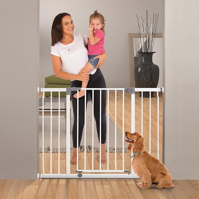Dreambaby Liberty Extra-Wide Hallway Baby Safety Gate Set - with 3.5"/ 9cm Wide Extension - Smart Stay Open Feature - Fits Openings 39-45.5 inches Wide & 30 inches Tall - White - Model L777BB