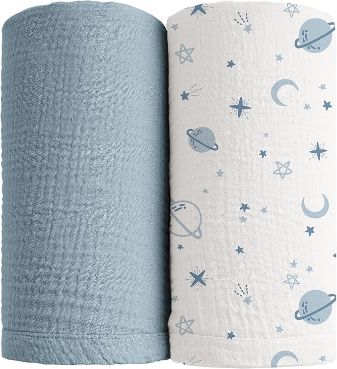 Konssy Muslin Swaddle Blankets for Girls Boys 2 Pack, 100% Cotton Receiving Baby Blanket Large 47 x 47 inches, Soft Breathable Swaddling Wrap for Unisex Newborn (Star,Blue)
