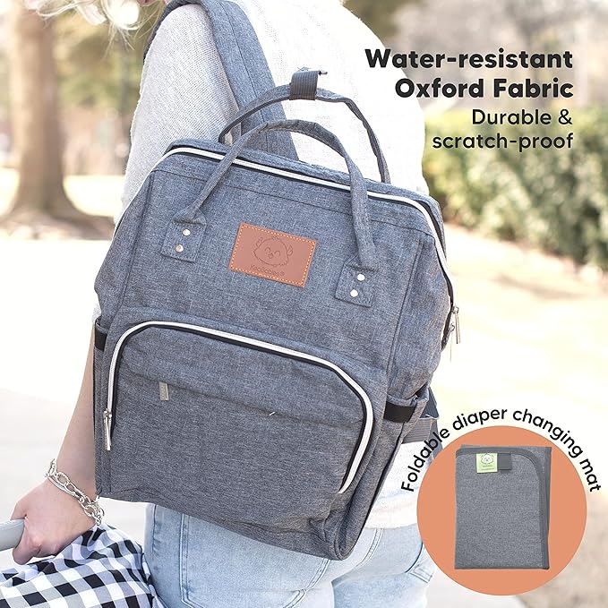 KeaBabies Diaper Bag Backpack with Portable Diaper Changing Pad - Waterproof Multi Function Baby Travel Bags - Grey PVC Changing Mat